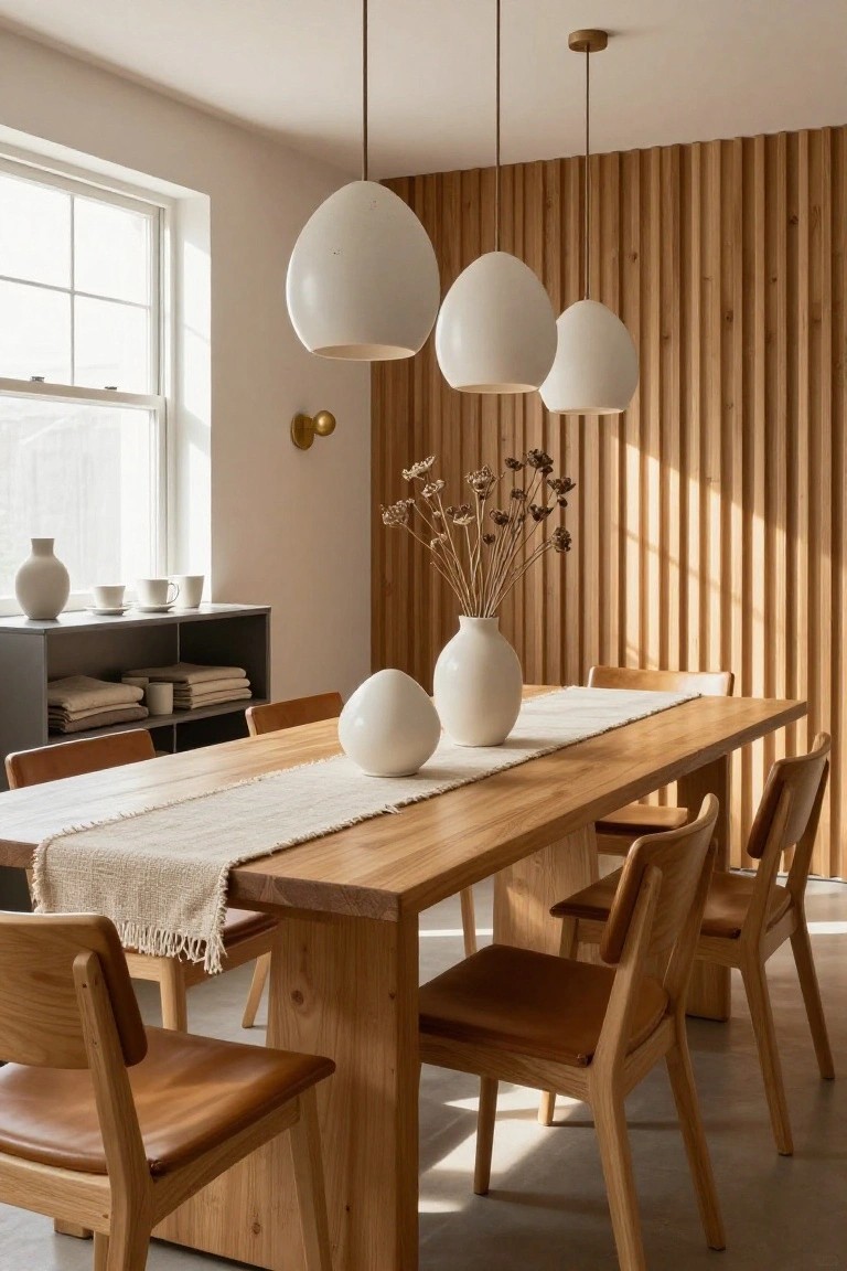 Dining room featuring a long wooden table with beige runner and white ceramic vases, surrounded by wooden chairs with leather seats, three white egg-shaped pendant lights hanging above, a wooden slat accent wall, and shelves with ceramics nearby.