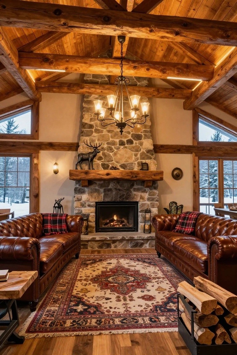 Living room with vaulted wooden beam ceiling, large multi-bulb chandelier, stone fireplace with elk statue, leather sofas, and large windows overlooking snowy woods.