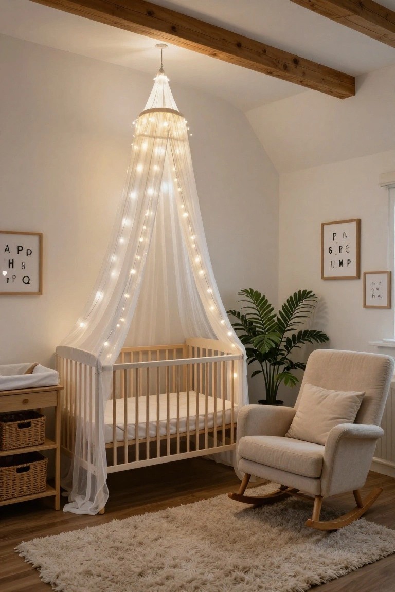 Nursery room with white wooden crib under sheer canopy strung with fairy lights hanging from vaulted ceiling beams, plus rocking chair, changing table, baskets, and potted plant on light wood floors.