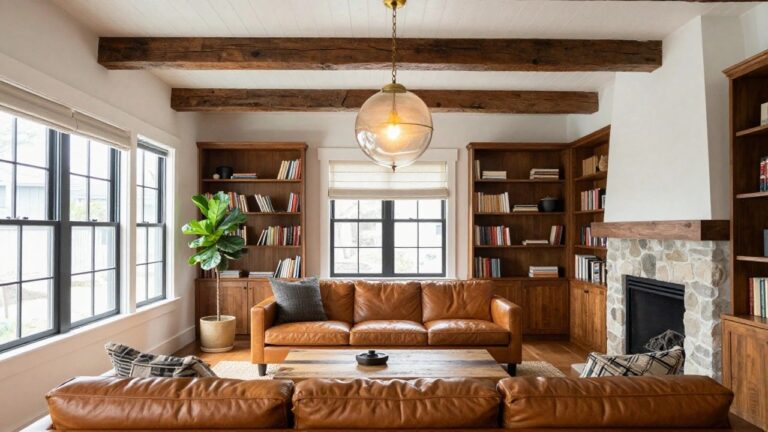 Living room interior with vaulted ceiling and exposed wood beams, large clear glass globe pendant light hanging centrally, brown leather sofa, wood coffee table, fiddle leaf fig plant, built-in bookshelves, and stone fireplace with black-framed windows.