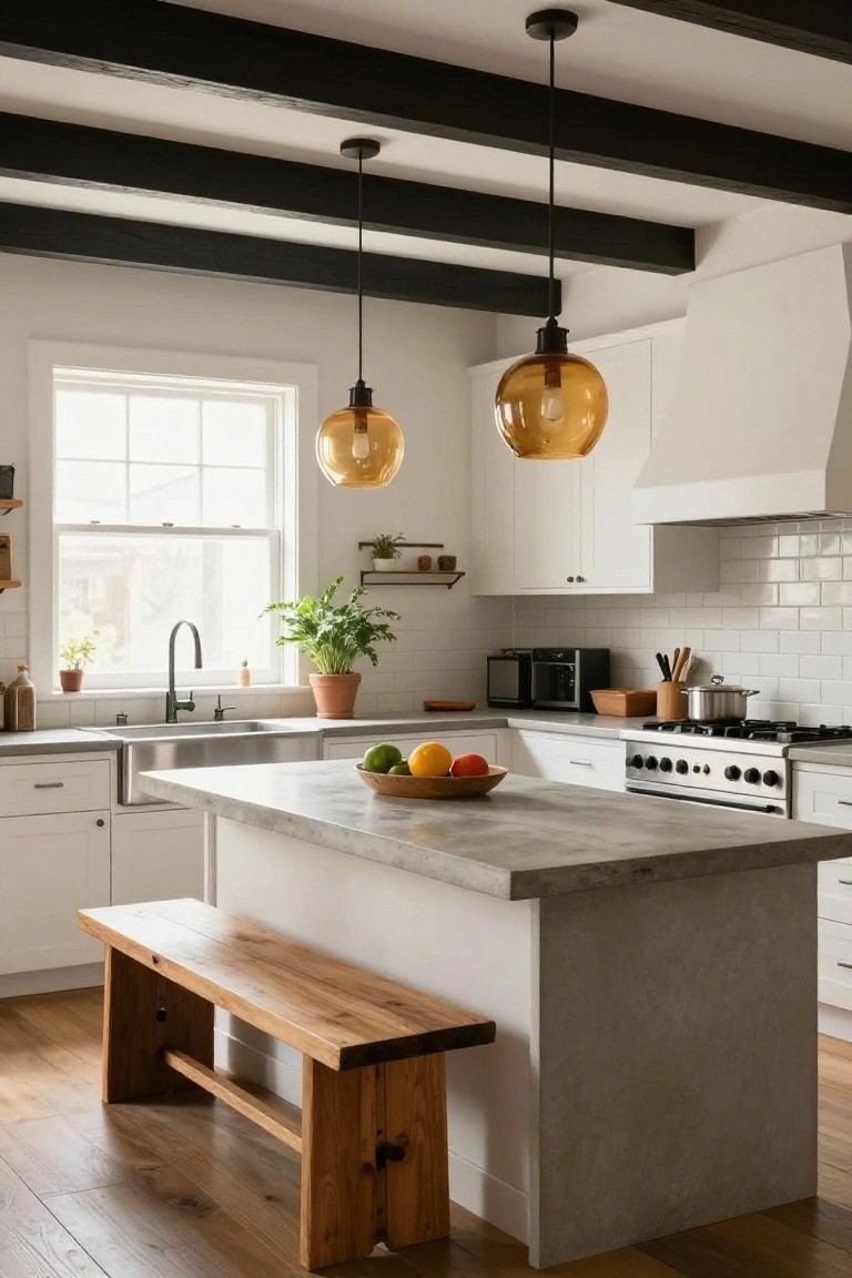 A bright kitchen featuring white cabinets, a gray concrete island with a wooden bench, stainless sink and appliances, plants on shelves, and two amber globe pendant lights suspended from black exposed ceiling beams.