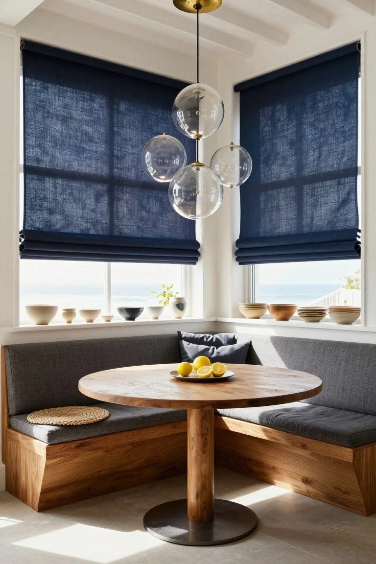 Gray fabric banquette seating around a round wooden table with lemons and a seagrass mat, under a multi-globe glass pendant light, with navy roman shades on corner windows overlooking the ocean and pottery on the sills.