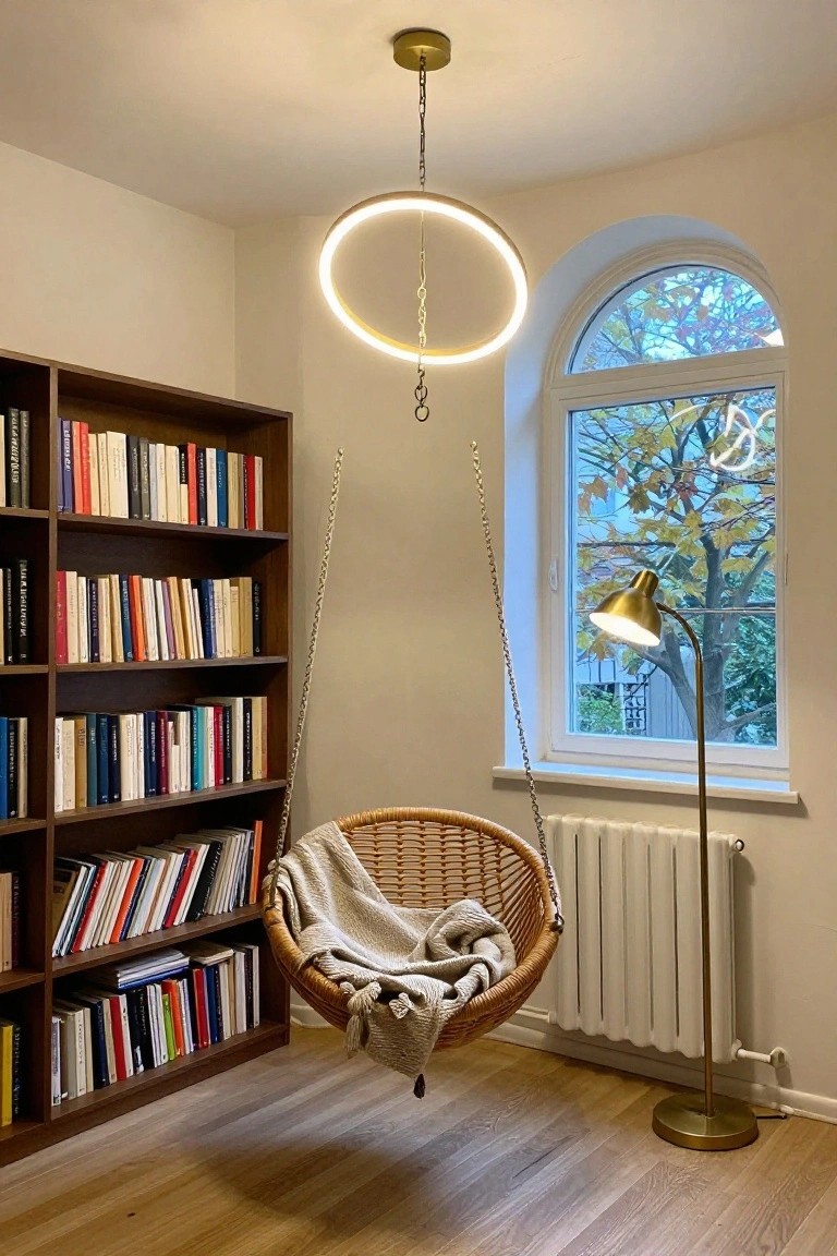 Indoor reading nook with wooden bookshelves full of books, rattan swing chair draped in a beige blanket, arched window with autumn trees outside, white radiator, gold floor lamp, and suspended glowing ring-shaped pendant light from the ceiling.