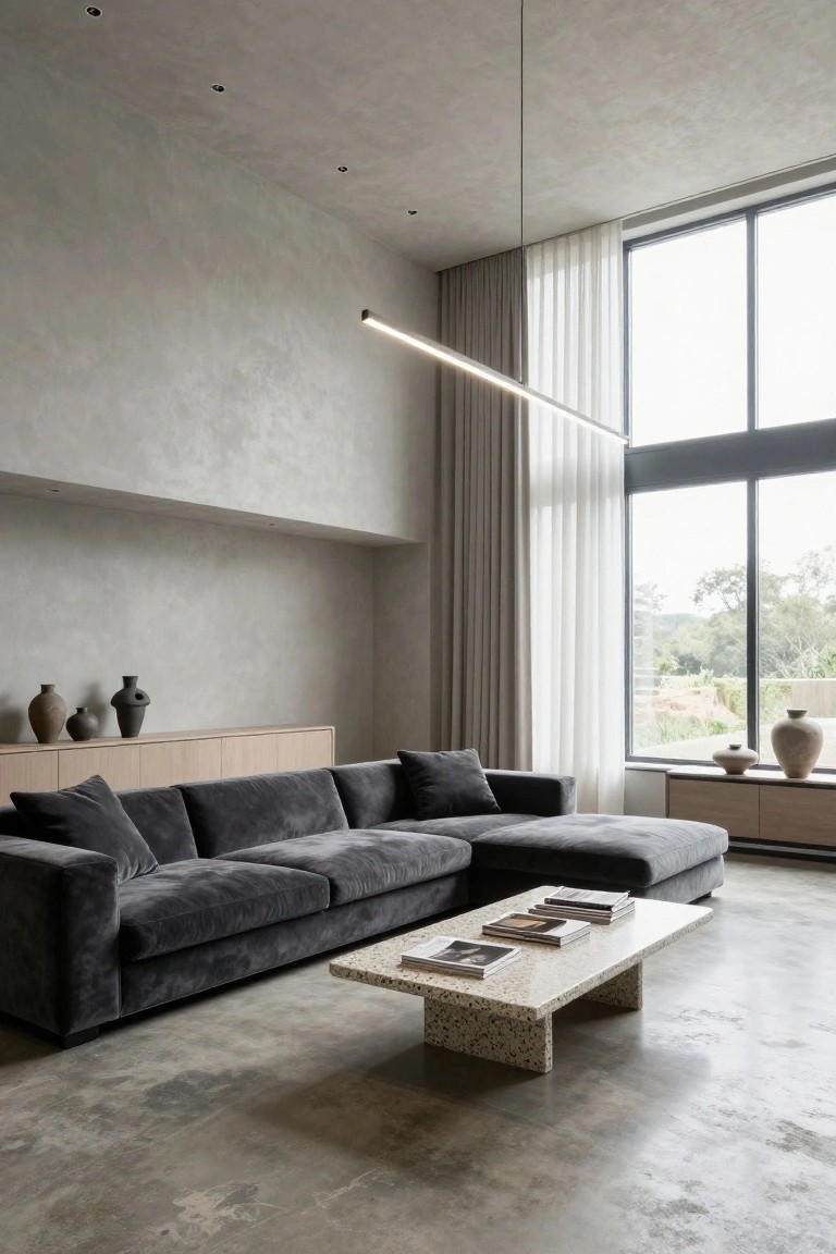 Modern living room with high textured ceiling, long horizontal linear pendant light, recessed ceiling spots, gray L-shaped velvet sofa, terrazzo coffee table, wood cabinets with pottery, and large window with sheer curtains showing outdoor view.