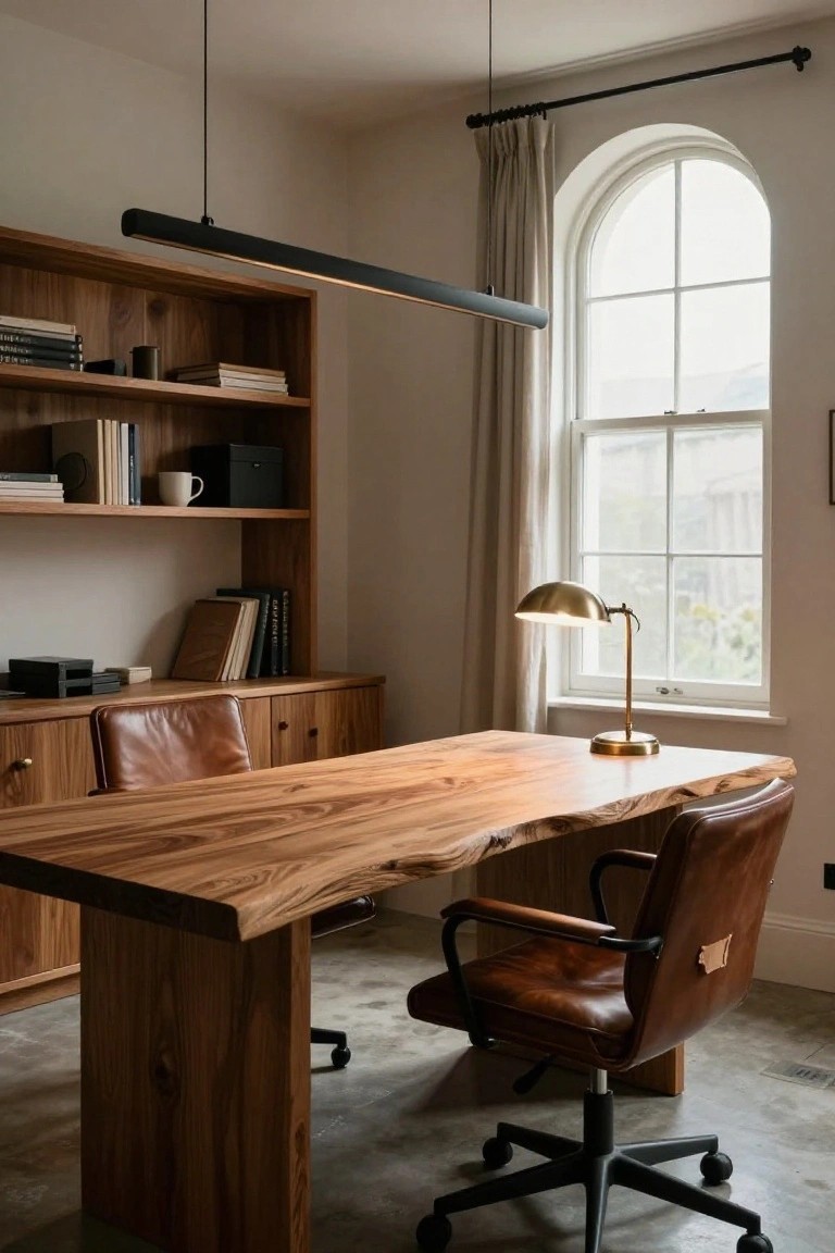 Home office featuring a live-edge wooden desk with brown leather chairs, wooden bookshelves, brass desk lamp, black linear pendant light overhead, and arched window with cream curtains.