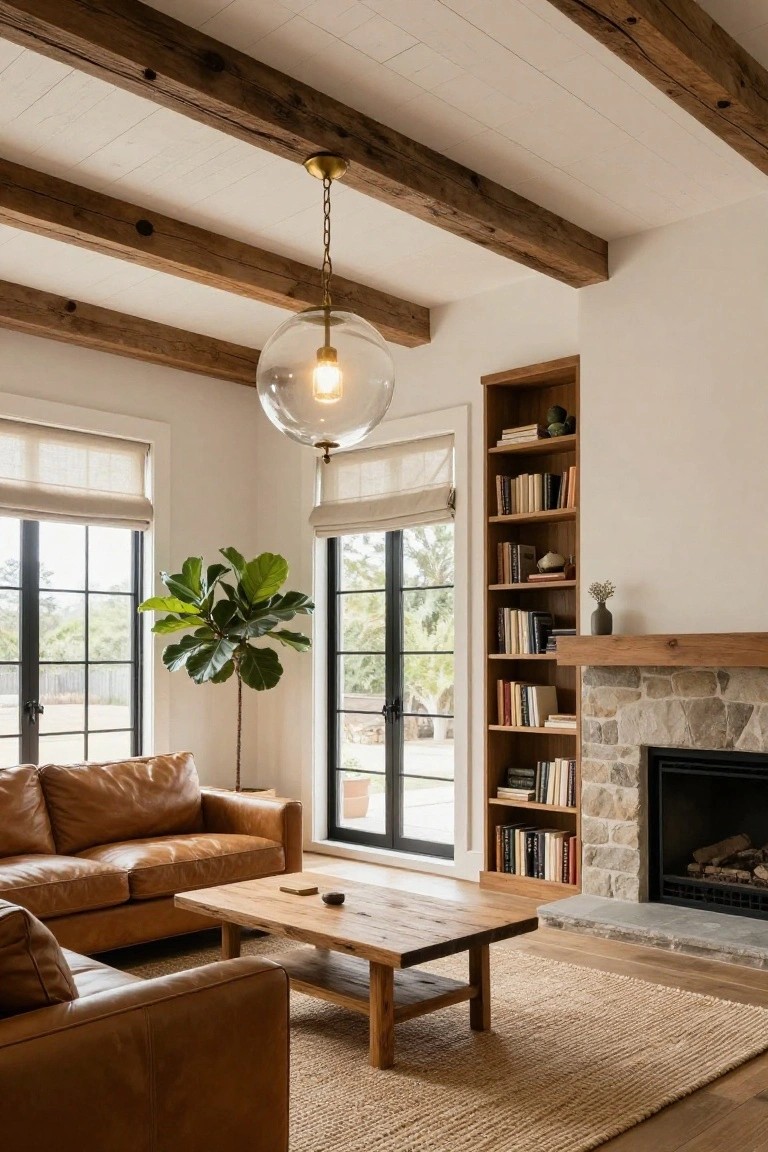Living room interior with vaulted ceiling and exposed wood beams, large clear glass globe pendant light hanging centrally, brown leather sofa, wood coffee table, fiddle leaf fig plant, built-in bookshelves, and stone fireplace with black-framed windows.
