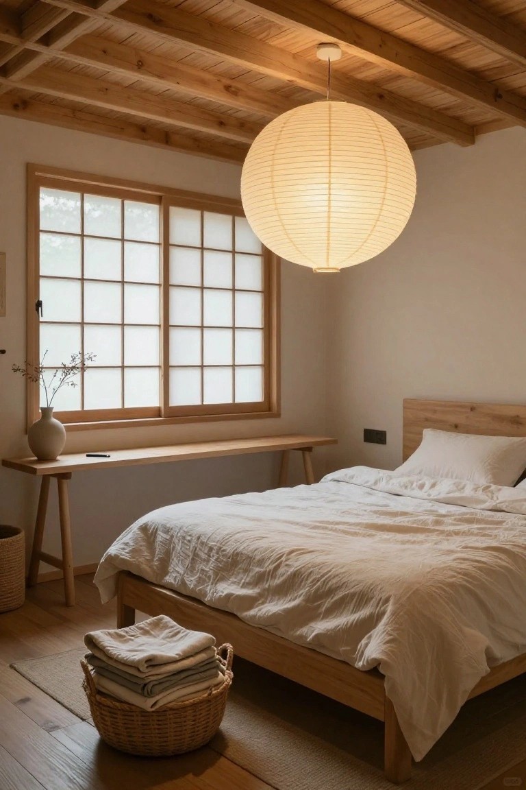 Bedroom interior with vaulted wooden ceiling beams, large white paper lantern pendant light hanging centrally, shoji sliding windows, wooden platform bed with white linens, bench with vase nearby, and basket of folded towels on the wood floor.