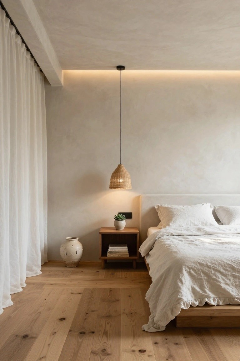 Bedroom with platform bed dressed in white linens, wooden nightstand holding plants and books, rattan pendant lamp, sheer white curtains, textured plaster walls and ceiling with LED strip lighting along the edge, and oak wood plank floors.