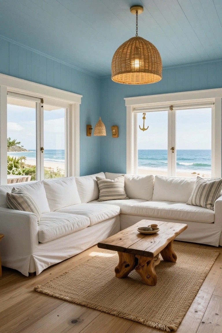 Light blue paneled ceiling in a corner living room with a large hanging woven rattan pendant light, white L-shaped sofa with striped pillows, wooden coffee table, jute rug, and large windows showing ocean view.