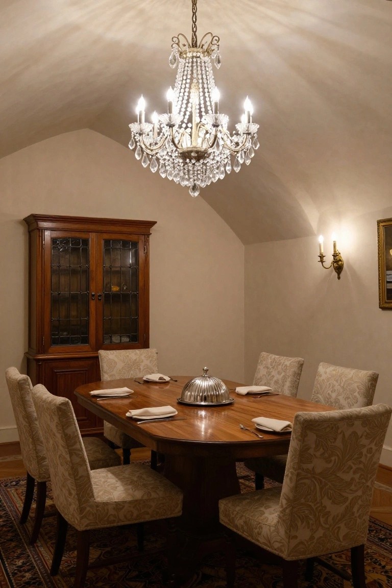 Vaulted beige ceiling dining room with ornate crystal chandelier over oval wooden table set with white napkins and silver dome, surrounded by beige patterned upholstered chairs, wooden glass-door cabinet, wall sconces, and Persian rug.