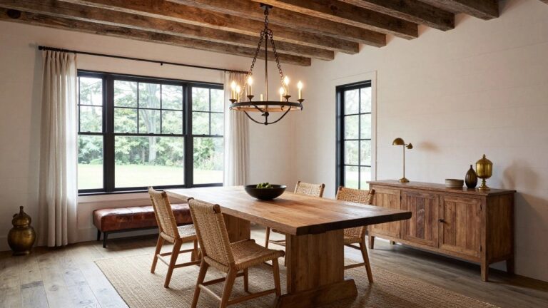 Dining room with exposed wooden ceiling beams, black wrought-iron chandelier with five candles above a long wooden table, rattan chairs, leather bench, credenza, brass lamps, white shiplap walls, black-framed windows, and beige curtains.