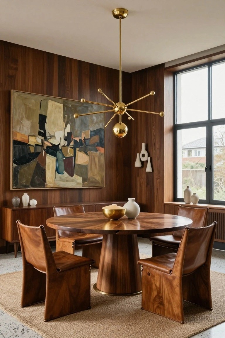 Wood-paneled dining room with round walnut table and four leather chairs, large gold starburst chandelier overhead, abstract painting on wall, white ceramic vases on sideboard and table, and large window.