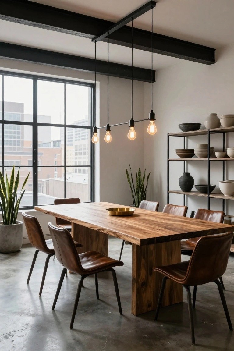 Dining room featuring a large live-edge wooden table with brown leather chairs, black metal shelving stocked with ceramics, potted snake plants, a linear black pendant light with exposed bulbs hanging from exposed beam ceiling, large windows showing city view, and polished concrete floor.