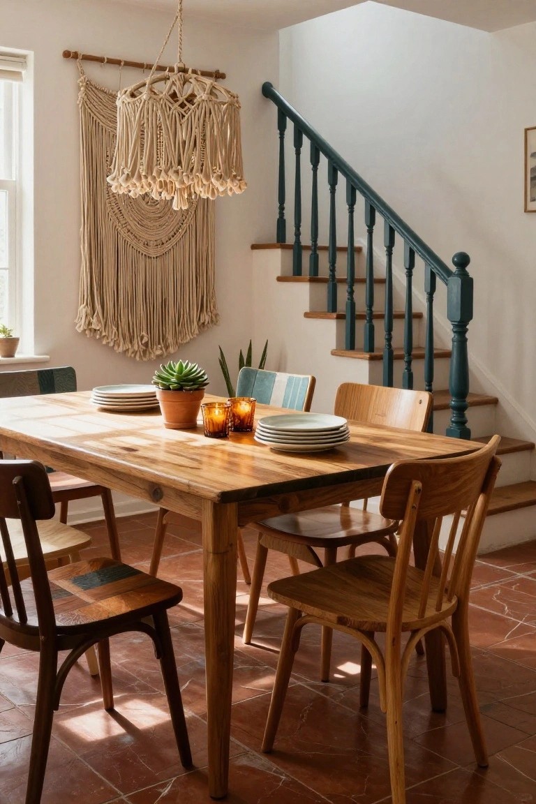 Dining room corner with light wood table, mixed chairs, stacked white plates, succulent plant, candles, and large beige macrame chandelier hanging above, next to green-painted wooden staircase on terracotta tile floor.
