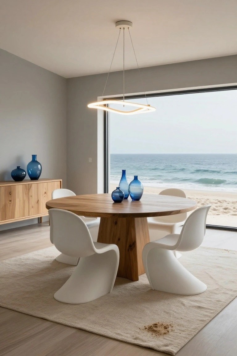 Interior dining room with round wooden table, four white molded plastic chairs, blue glass vases on table and sideboard, glowing oval neon-edged pendant light from ceiling, large window showing ocean beach view, light wood floors and gray walls.