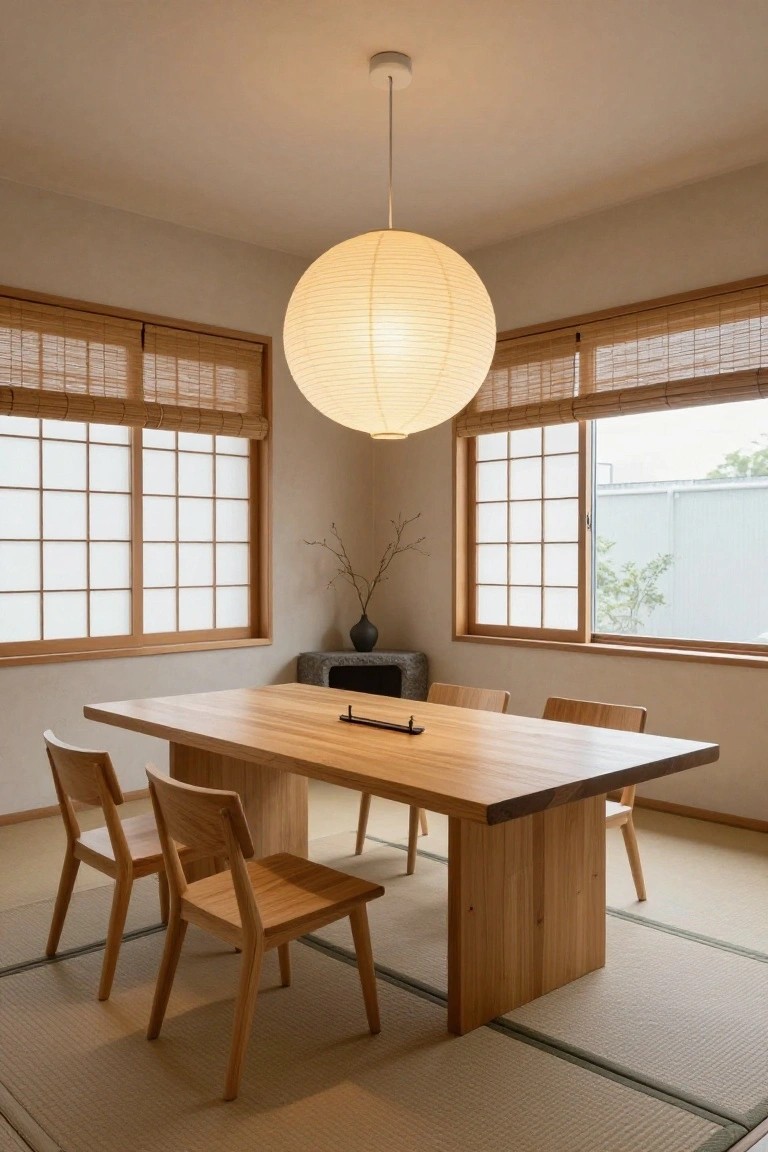 Dining room corner with wooden table and four chairs on tatami mats, lit by a large hanging white paper lantern pendant, shoji windows, and bamboo blinds.