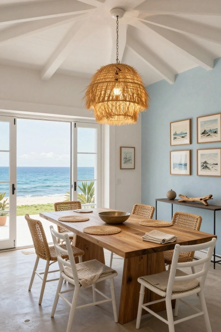 Dining room featuring a vaulted white ceiling with wooden beams, a large hanging rattan pendant light over a wooden table set with woven placemats and a metal bowl, rattan and white chairs, and open glass doors revealing a beach and ocean view.