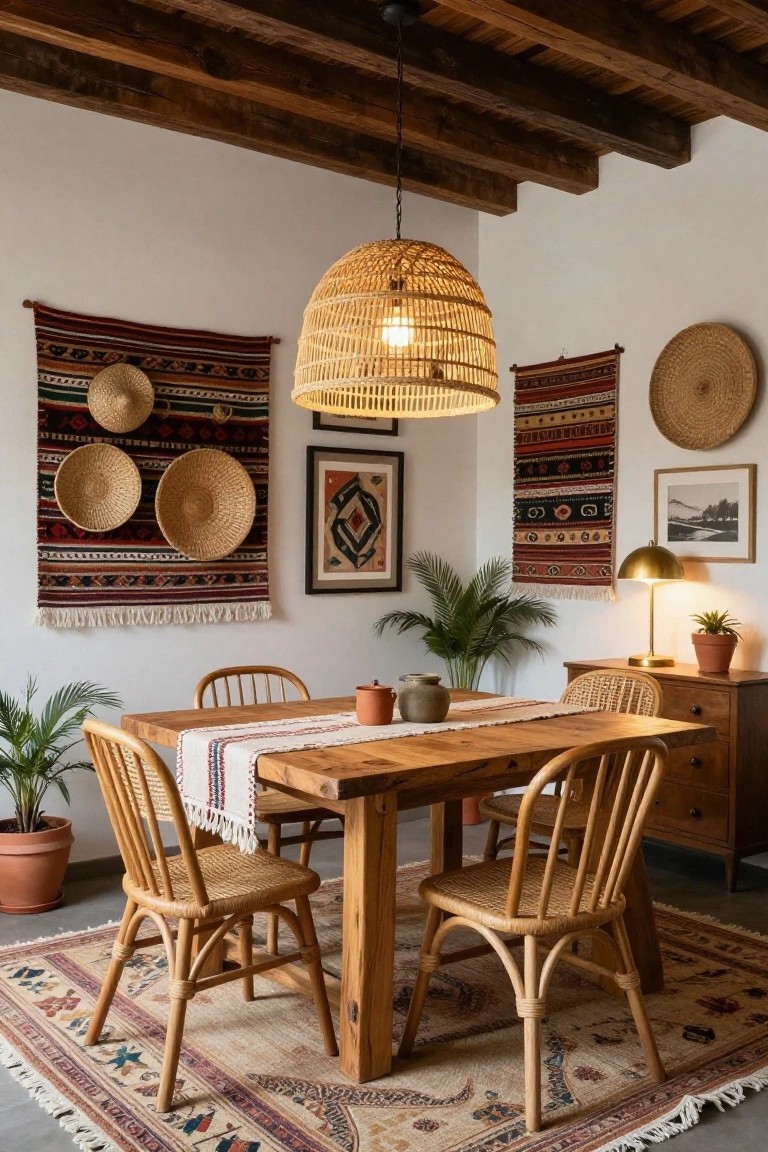 Dining room featuring exposed wooden beam ceiling with a large woven rattan pendant light hanging over a rectangular wooden table surrounded by rattan chairs, woven wall hangings and baskets, potted plants, a sideboard, and a patterned rug on the floor.
