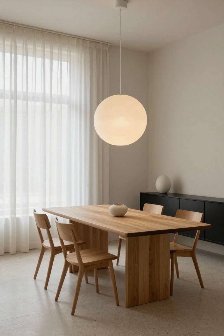 Minimalist dining room featuring a rectangular oak table with four matching chairs, a large white spherical pendant light suspended above the table, a small ceramic bowl on the table, sheer curtains on a tall window, a white orb sculpture, and black cabinets against a light gray wall and polished concrete floor.
