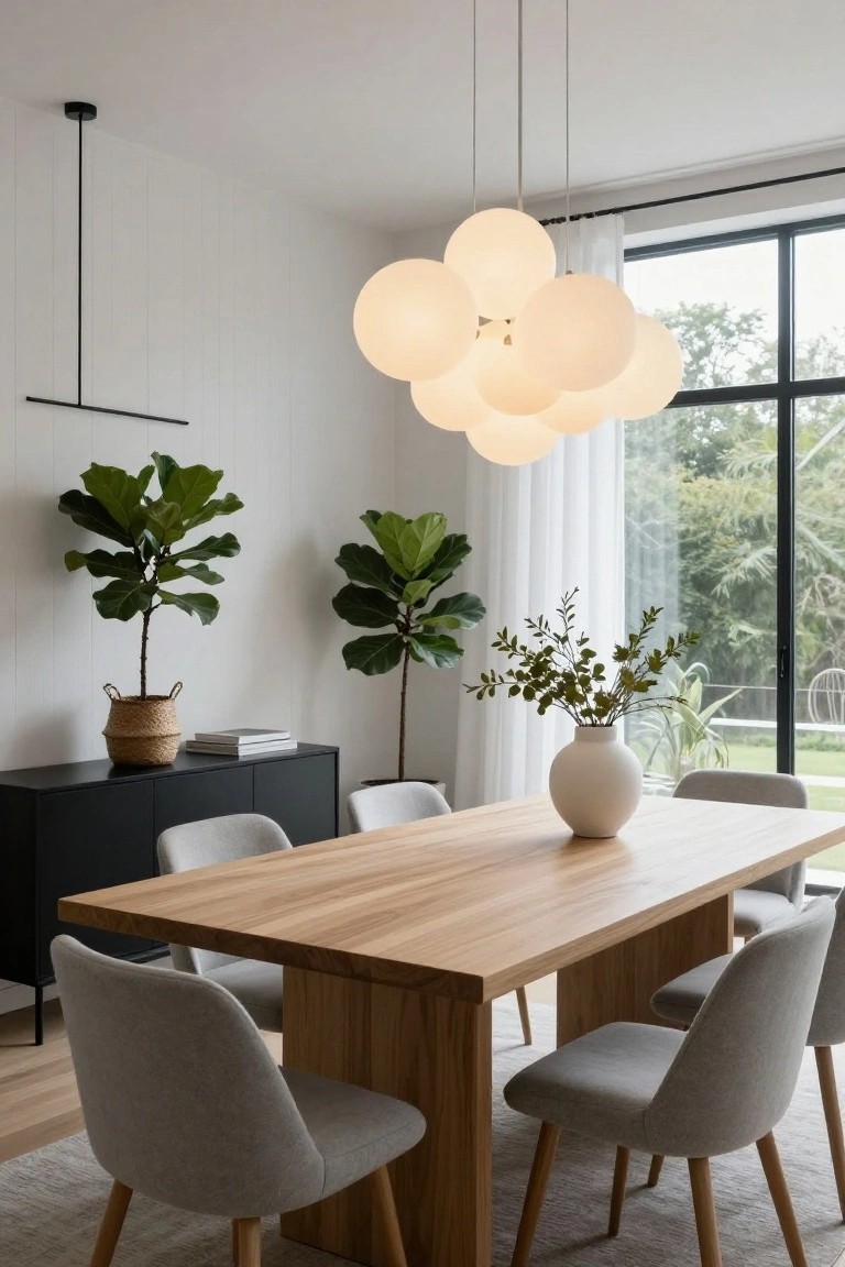Dining room with cluster of white spherical pendant lights hanging over rectangular light wood table with gray curved-back chairs, black credenza holding plants and vase, fiddle leaf fig plants, and large window with sheer curtains showing garden view.