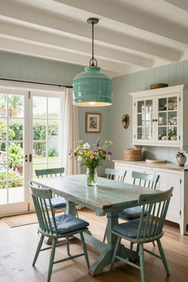 Dining room with vaulted white beamed ceiling, large hanging teal ceramic pendant light over distressed green wooden table and chairs, light blue shiplap walls, white cabinetry, vase of flowers, and French doors to garden.