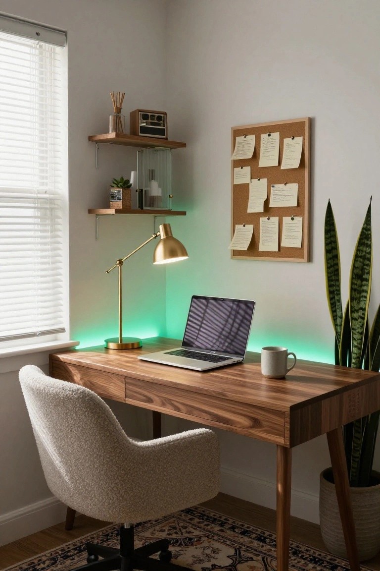 A cozy home office corner with a wooden desk holding an open laptop and mug, a cream upholstered chair, green LED strip lights glowing along the desk edge, shelves with decor, a corkboard with notes, a snake plant, and window blinds in a light-walled room.