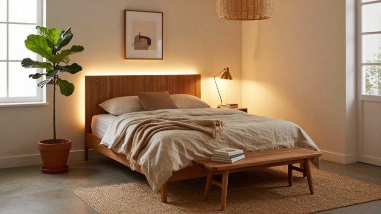 Bedroom corner with wood-paneled wall behind a white bed, LED strip lights glowing along the panel edge, fiddle leaf fig plant in terracotta pot, wooden bench with throw at bed foot, woven pendant lamp overhead, and adjustable desk lamp on nightstand.