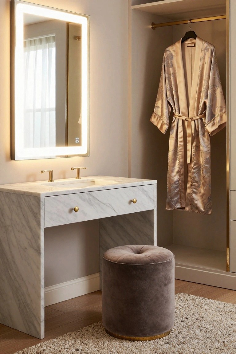 Backlit LED mirror above a white marble vanity with gold faucets and drawer pull, purple velvet stool nearby, and open wardrobe with gold silk robe hanging from gold rod.