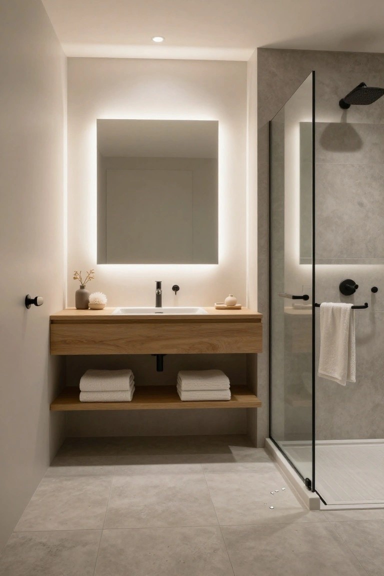 Modern bathroom with floating oak wood vanity, rectangular backlit LED mirror, glass shower enclosure with black showerhead and fixtures, white towels, and light gray porcelain tile floor.