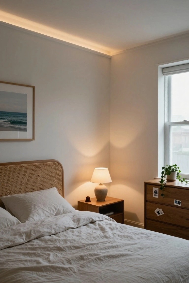 Bedroom corner showing a rattan headboard bed with white linens, wooden nightstand and lamp, dresser with potted plant and photos, framed ocean photo on wall, window with roller shade, and continuous soft LED lighting recessed along the ceiling perimeter.