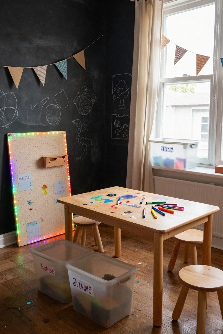 Child's playroom featuring a tall wooden pegboard with colorful LED lights around the edges, kids' drawings pinned to it, a wooden table with crayons and stools, labeled plastic storage bins, and black wall with chalk drawings.