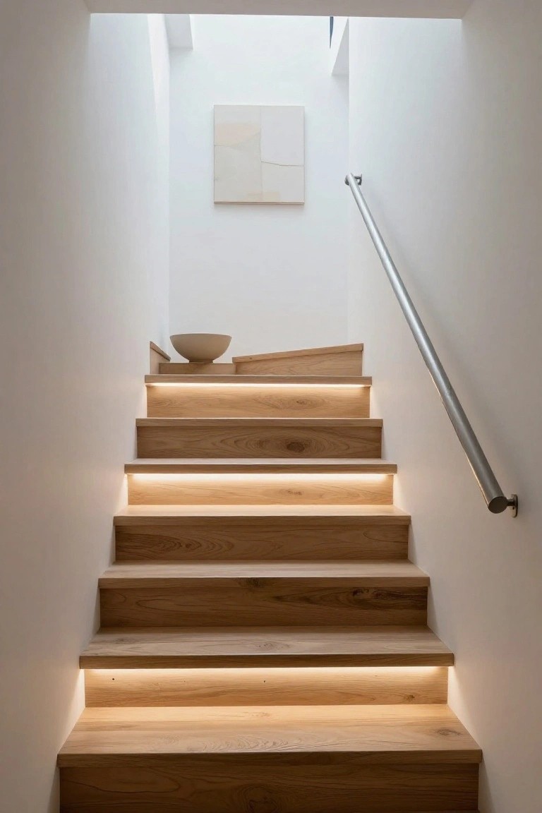 Wooden staircase with oak treads featuring LED strip lights glowing underneath each step, white walls, metal handrail, beige bowl on shelf, and square artwork above.