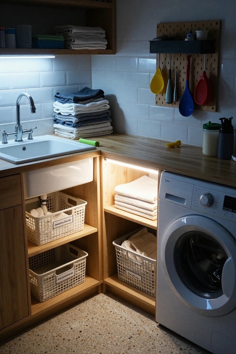 A laundry room with wooden cabinets, white subway tile backsplash, farmhouse sink, front-loading washer, plastic storage bins, and blue LED strip lights glowing under shelves and cabinet bases.