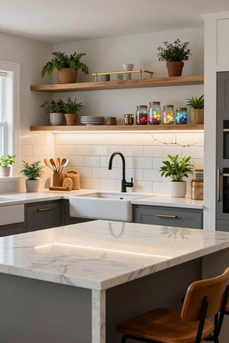 Kitchen interior featuring gray cabinets, white farmhouse sink, marble countertops, white subway tile backsplash, floating wooden shelves with plants and colorful lit jars illuminated by under-shelf LED strips, and a leather stool at the island.