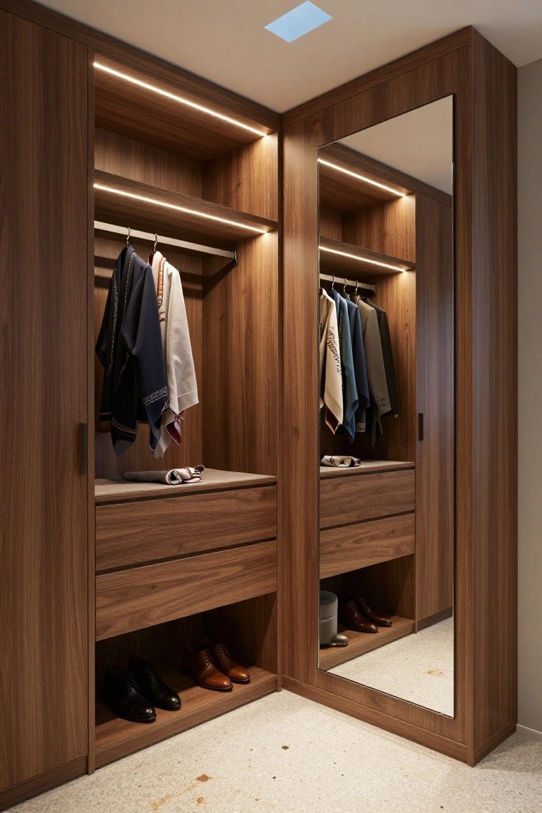 Corner walk-in closet with walnut wood cabinets featuring integrated LED strip lighting along edges and shelves, hanging clothes, folded items on shelves, drawers, shoes in lower compartments, and full-length mirrors.