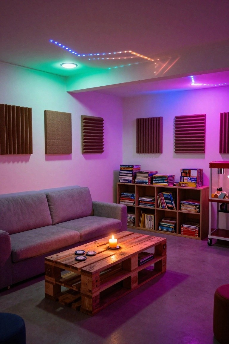 Cozy indoor room with gray sofa, wooden pallet coffee table with candle and coasters, bookshelves filled with books, brown acoustic panels on walls, red pouf, and colorful LED strip lights forming star-like patterns along the ceiling edges in purple, green, and blue hues.