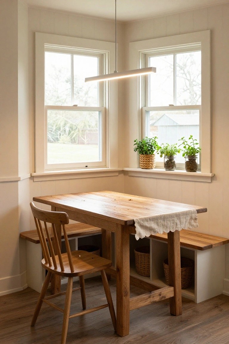 Corner kitchen nook with wooden table covered in white cloth, matching benches with storage below, wooden chairs, potted herbs on windowsill, and slim white linear LED pendant light overhead.