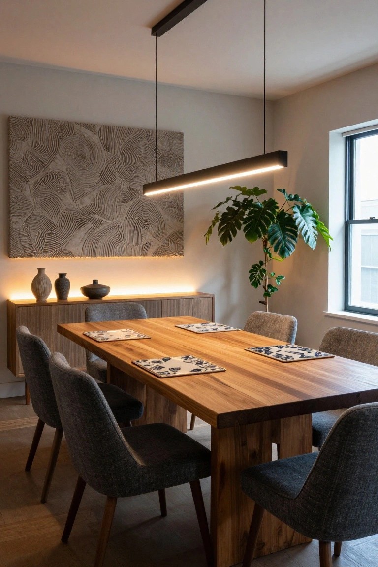 Modern dining room with rectangular wooden table, gray upholstered chairs, credenza with backlit shelves holding ceramics, monstera plant, abstract wall art, window, and black linear LED pendant light above the table.