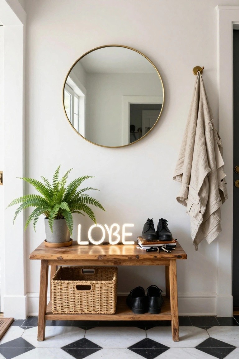 Entryway corner with wooden bench holding shoes and basket, neon 