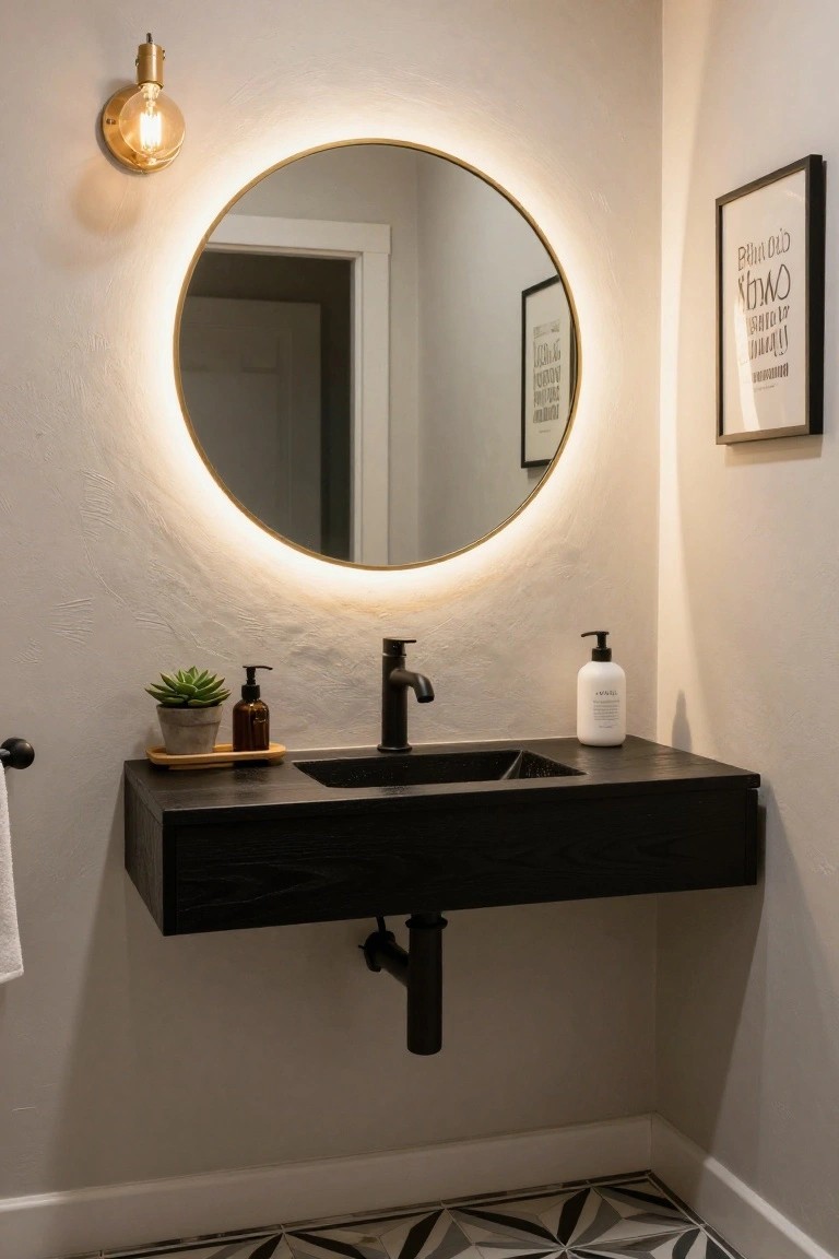 Close-up of a modern bathroom with a round gold-framed mirror featuring LED backlight glow, black floating wood vanity and faucet, hand soap dispenser, small potted succulent, wall-mounted towel, and geometric black-and-white tile floor.