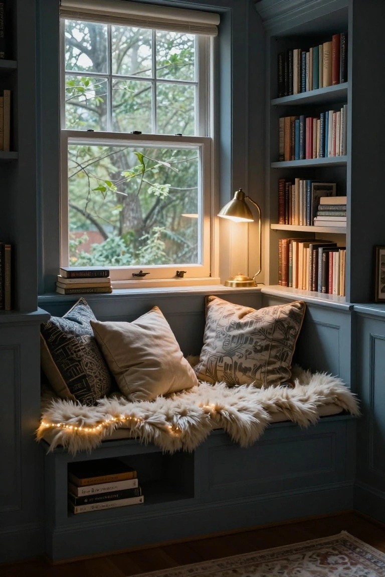 Built-in window seat in a blue-paneled room with bookshelves, multiple pillows, white fur blanket draped over the seat with string lights along the edge, gold desk lamp, and window view of trees.
