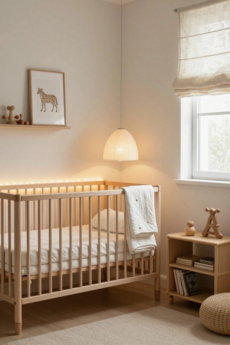 A light wooden crib in a beige nursery corner, lined with warm white LED string lights along the top rail, with white bedding draped over one side, wooden toys on nearby shelves, and a hanging paper lantern lamp above.