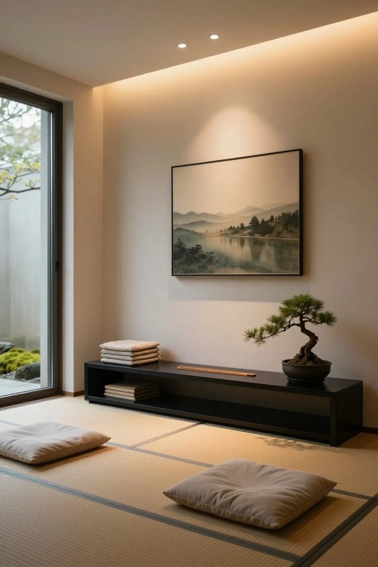 Minimalist interior room with tatami floor, beige zabuton cushions, black low console table holding folded towels, chopsticks, and black pot with bonsai tree, landscape painting on wall, large window to garden with rocks and moss, and warm LED strip lighting along ceiling edges plus recessed ceiling lights.