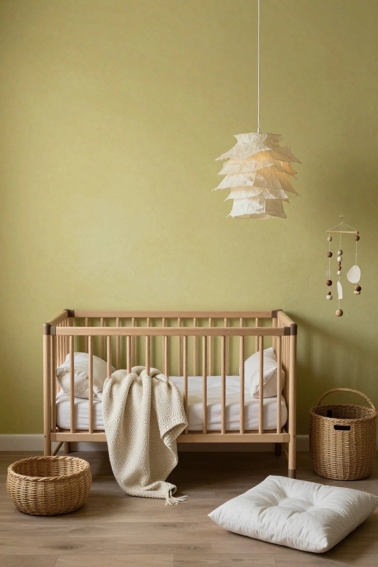 Wooden crib with white bedding and throw in a light green nursery under a white multi-layered paper pendant lamp, next to a hanging mobile, woven baskets, and a white floor cushion on light wood floors.