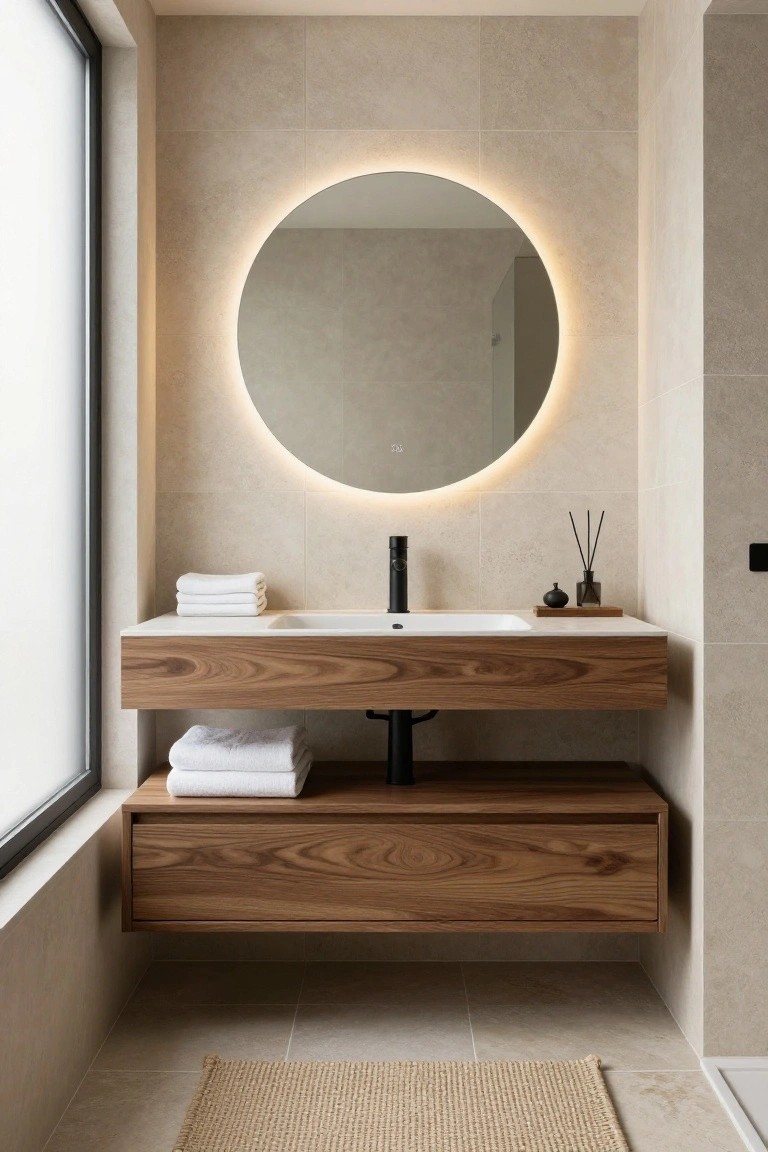 Modern bathroom with floating wooden vanity, white sink, black faucet, round mirror with LED backlight, stacked white towels, reed diffuser on wood tray, beige tiled walls, and woven rug on floor.