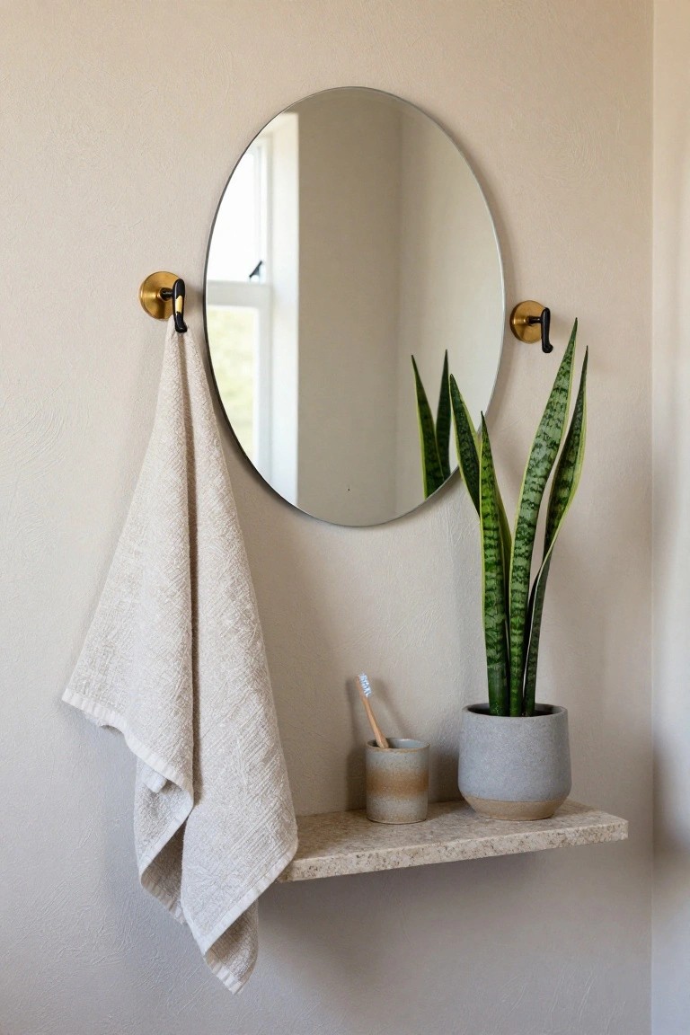 A round frameless mirror mounted on two brass hooks with black grips on a beige wall, a beige linen towel draped over one hook, a gray floating shelf holding a ceramic cup with toothbrush, a beige mug, and a potted snake plant next to the mirror, with a window reflected in the mirror.