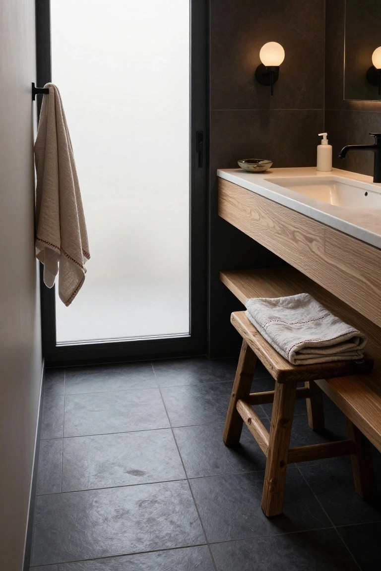 Modern Japandi-style bathroom featuring a floating wooden vanity with white sink, black faucet, frosted glass shower door, hanging beige towel, wooden stool with folded towel, wall-mounted white globe lights, and dark tile floor.