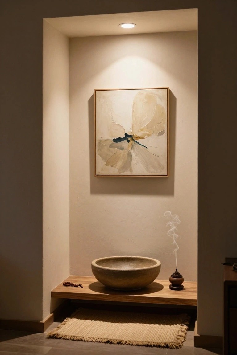 A recessed beige wall niche with soft ceiling spotlight, framed abstract painting of a white flower with blue accents, wooden shelf holding a stone bowl, incense burner emitting smoke, wooden beads, and a woven mat on the floor below.