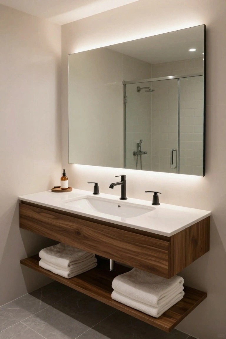 Modern bathroom with large rectangular mirror featuring LED backlighting along the edges, mounted above a floating walnut vanity with white sink and black faucet, glass shower enclosure, and stacked white towels on lower shelf.