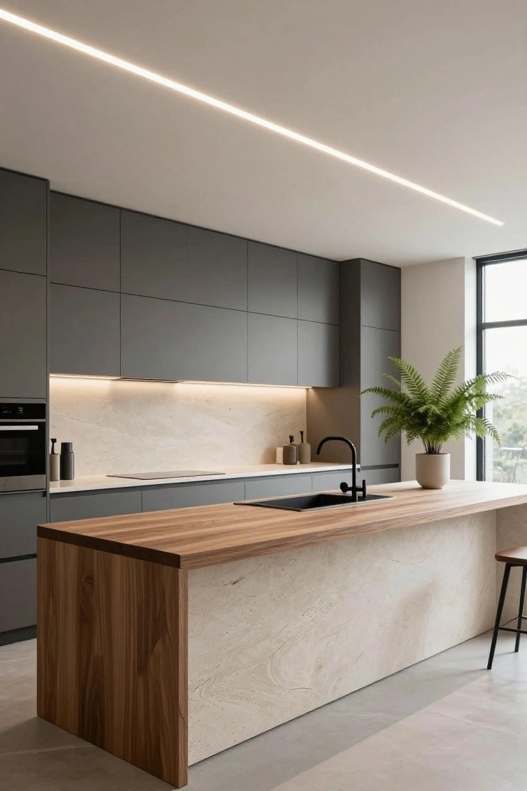 Modern kitchen interior with dark gray flat-panel cabinets, light beige stone backsplash and island base, walnut wood island top and sides, black sink faucet, built-in oven, potted fern plant, bar stool, large window, light tile floor, and slim linear white LED lighting strips along the ceiling and under upper cabinets.